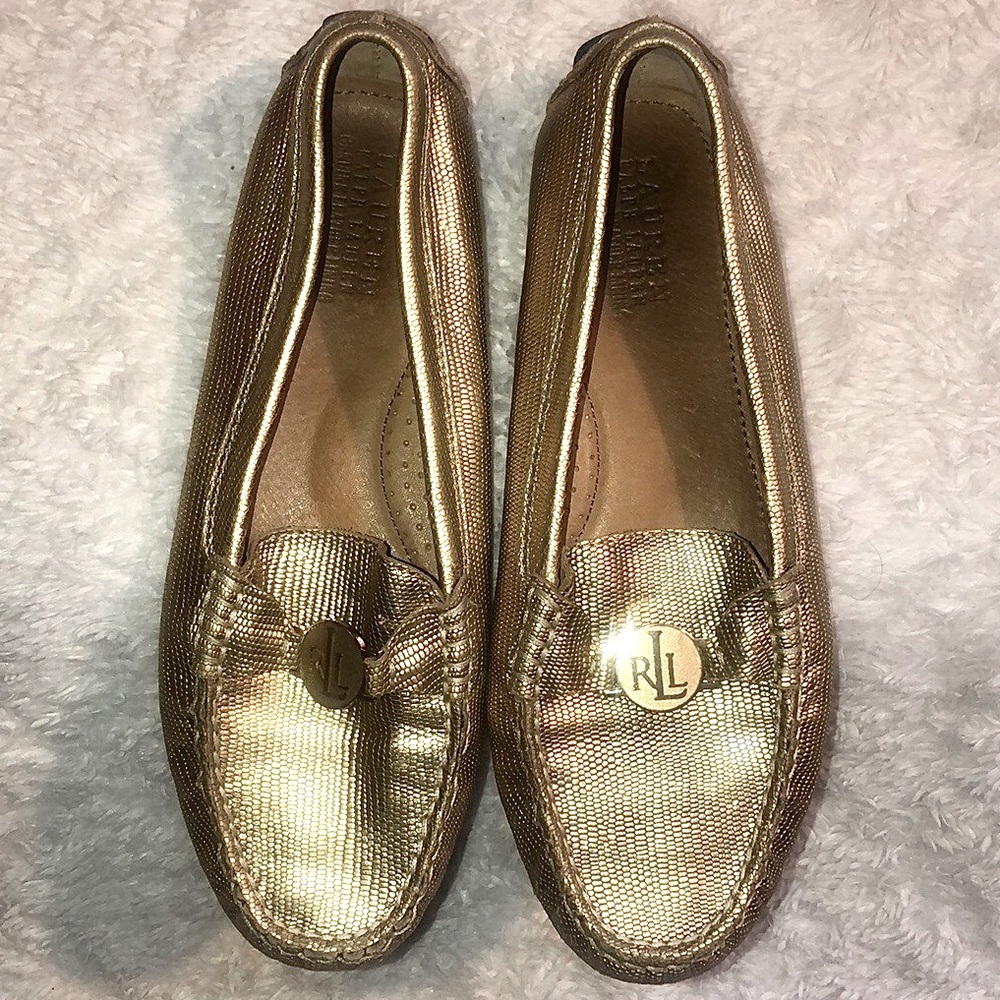 RALPH LAUREN (CARLEY) LEATHER LIZARD PRINT FLAT MOCCASIN DRIVERS 🤩